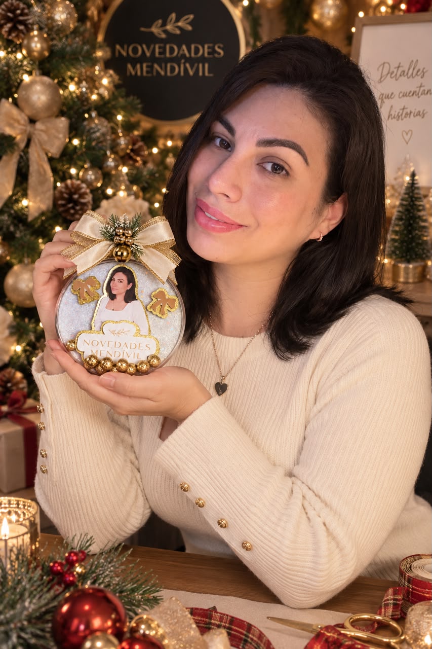 Elsa Mendívil sosteniendo una Esfera 3D Premium personalizada en su espacio navideño
