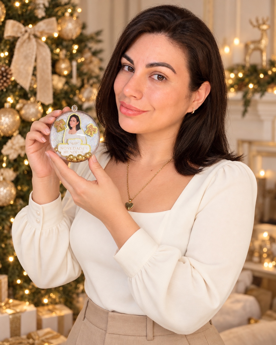 Elsa Mendívil mostrando una Esfera 3D Premium en un ambiente navideño elegante